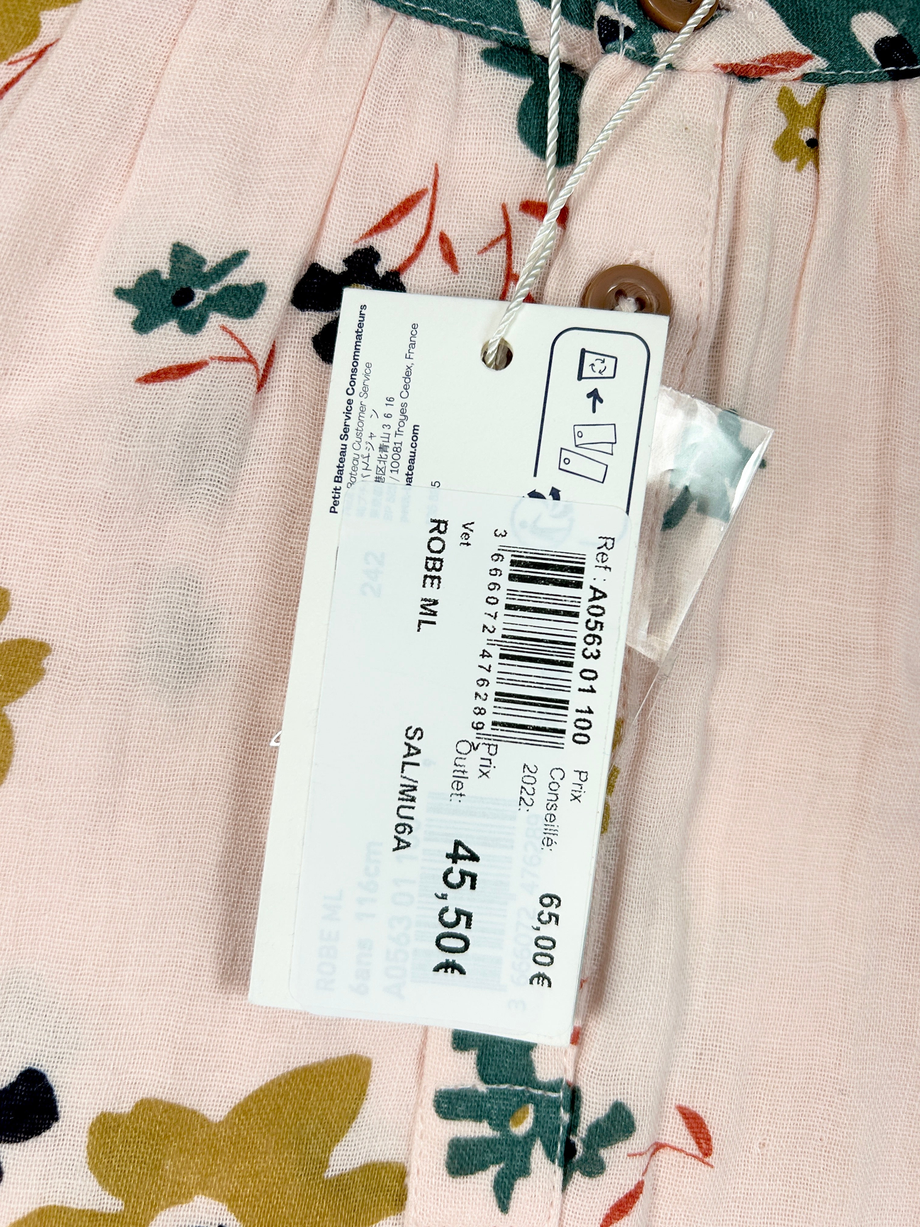 Robe manches longues gaze de coton fleurie 6 ans